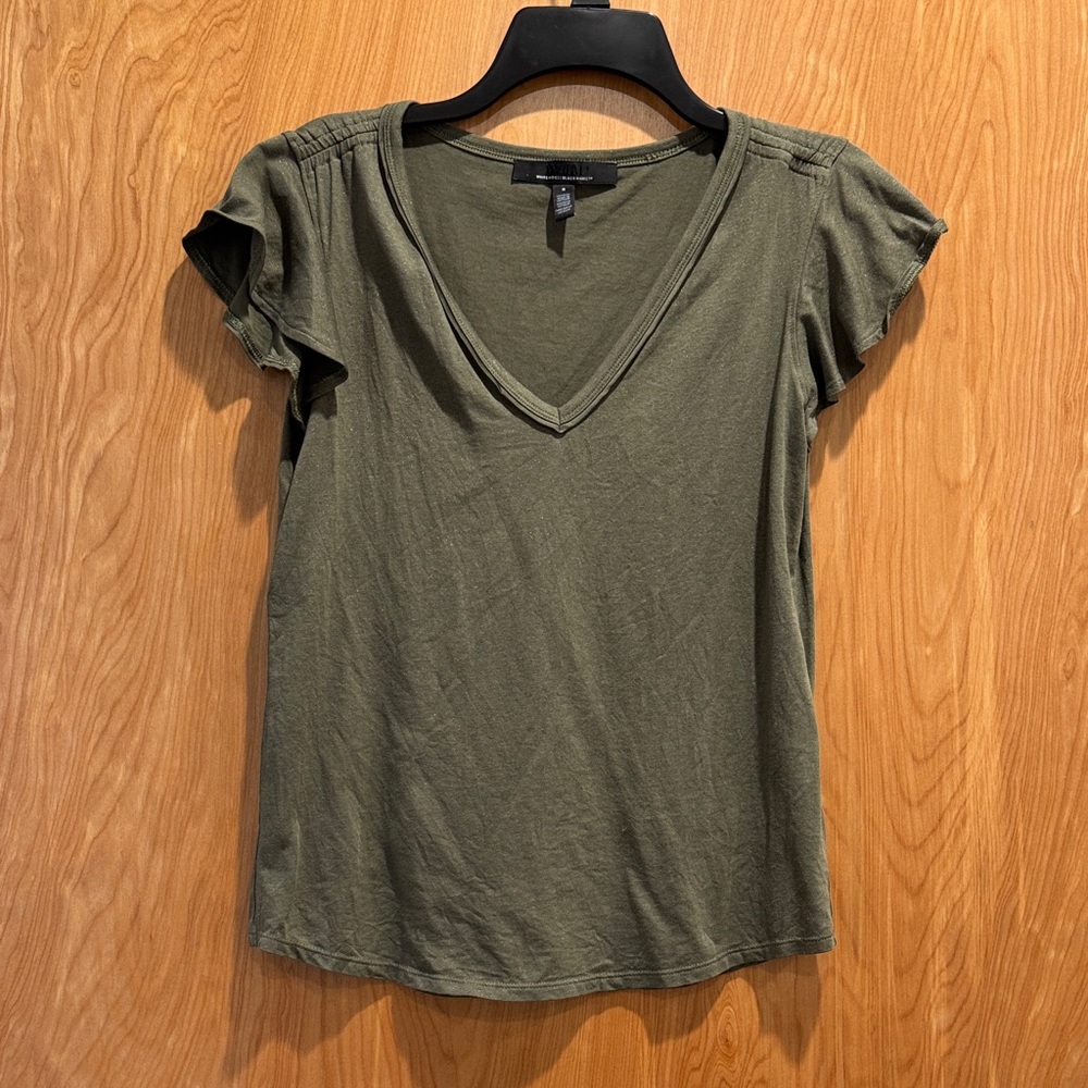 White House Black Market Olive, Black, White Short Sleeve V-Neck Top
